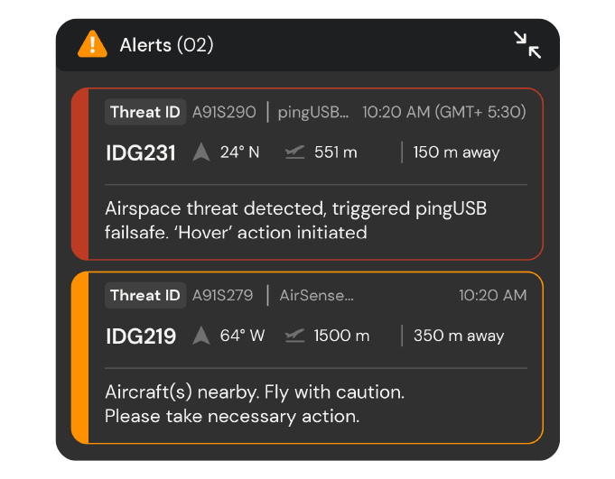 Airspace threat alerts panel with intruding aircraft and pingUSB failsafe trigger