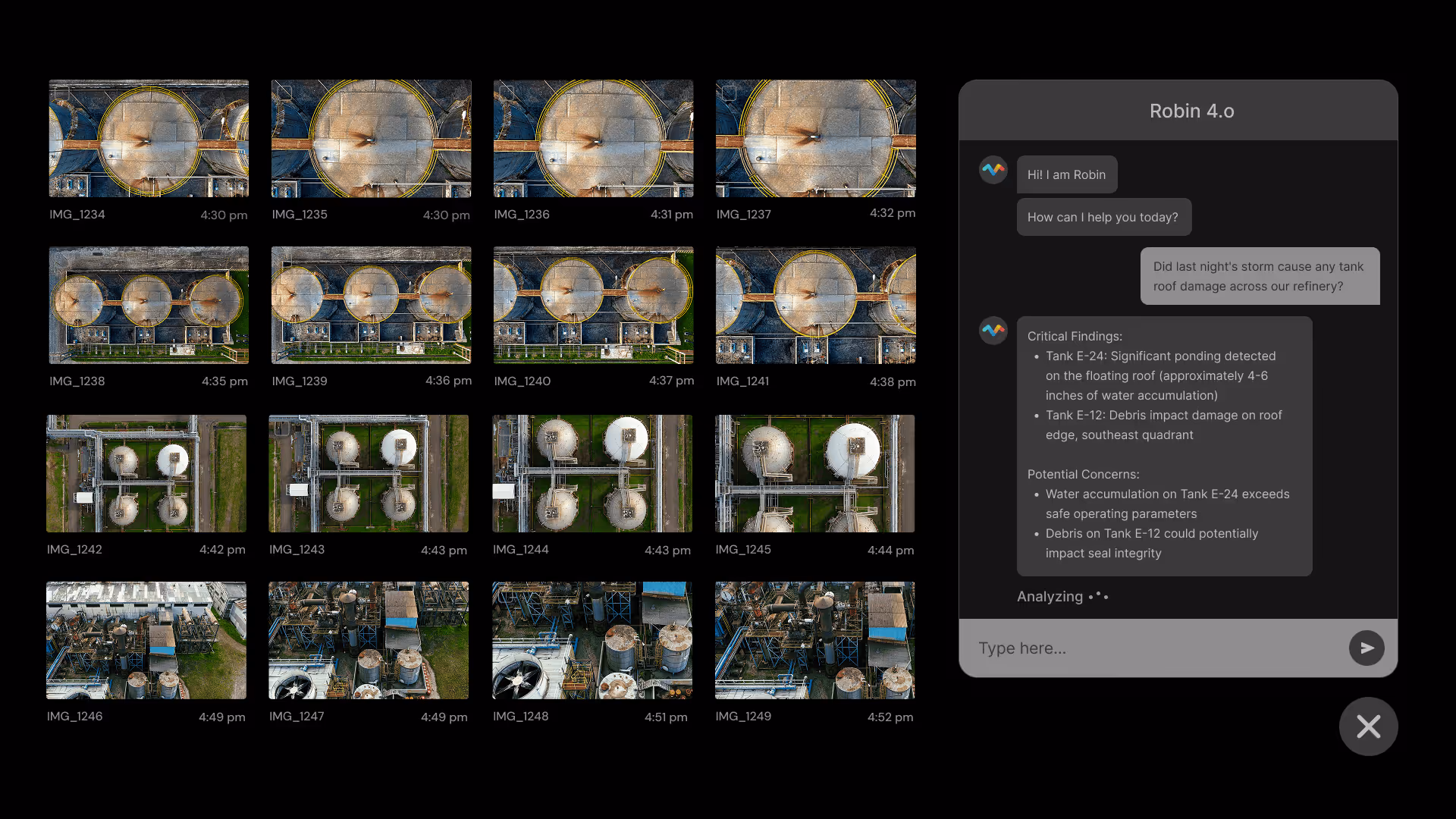 Grid of refinery tank surveillance images with AI chat interface overlay