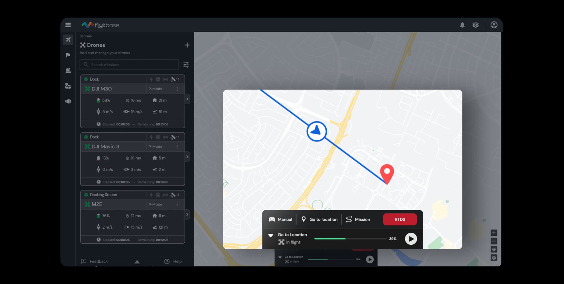 FlytBase drone management interface showing three drones with telemetry and a flight route map