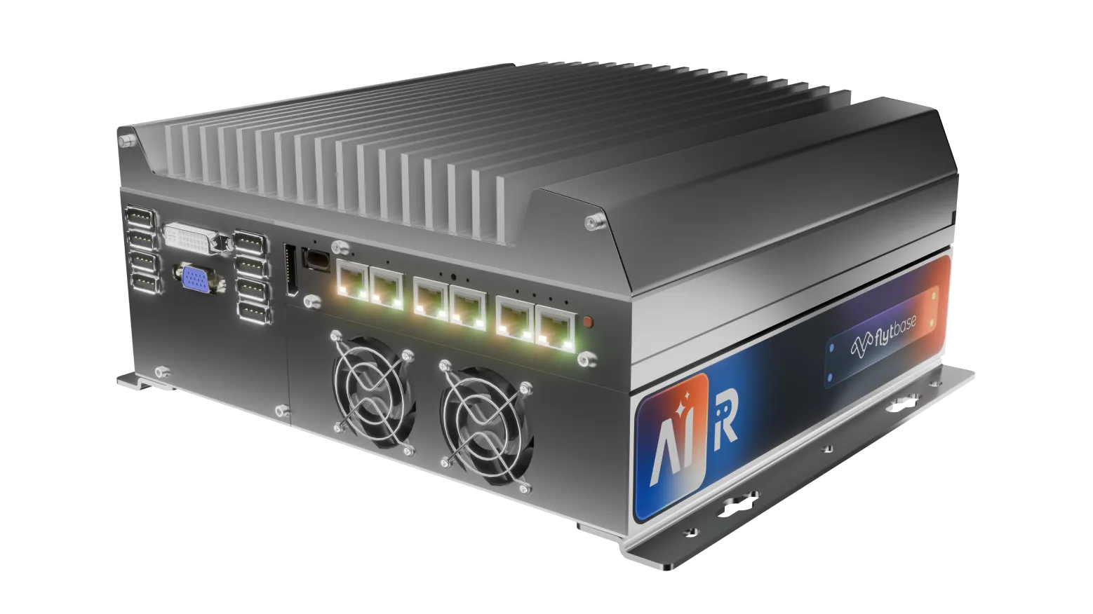 AI-R Edge — ruggedized edge compute unit with cooling fins and ports