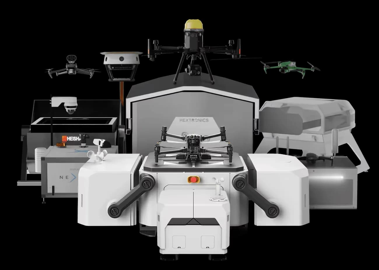 FlytBase drone-in-a-box modules stacked: dock, drone, and edge kit.