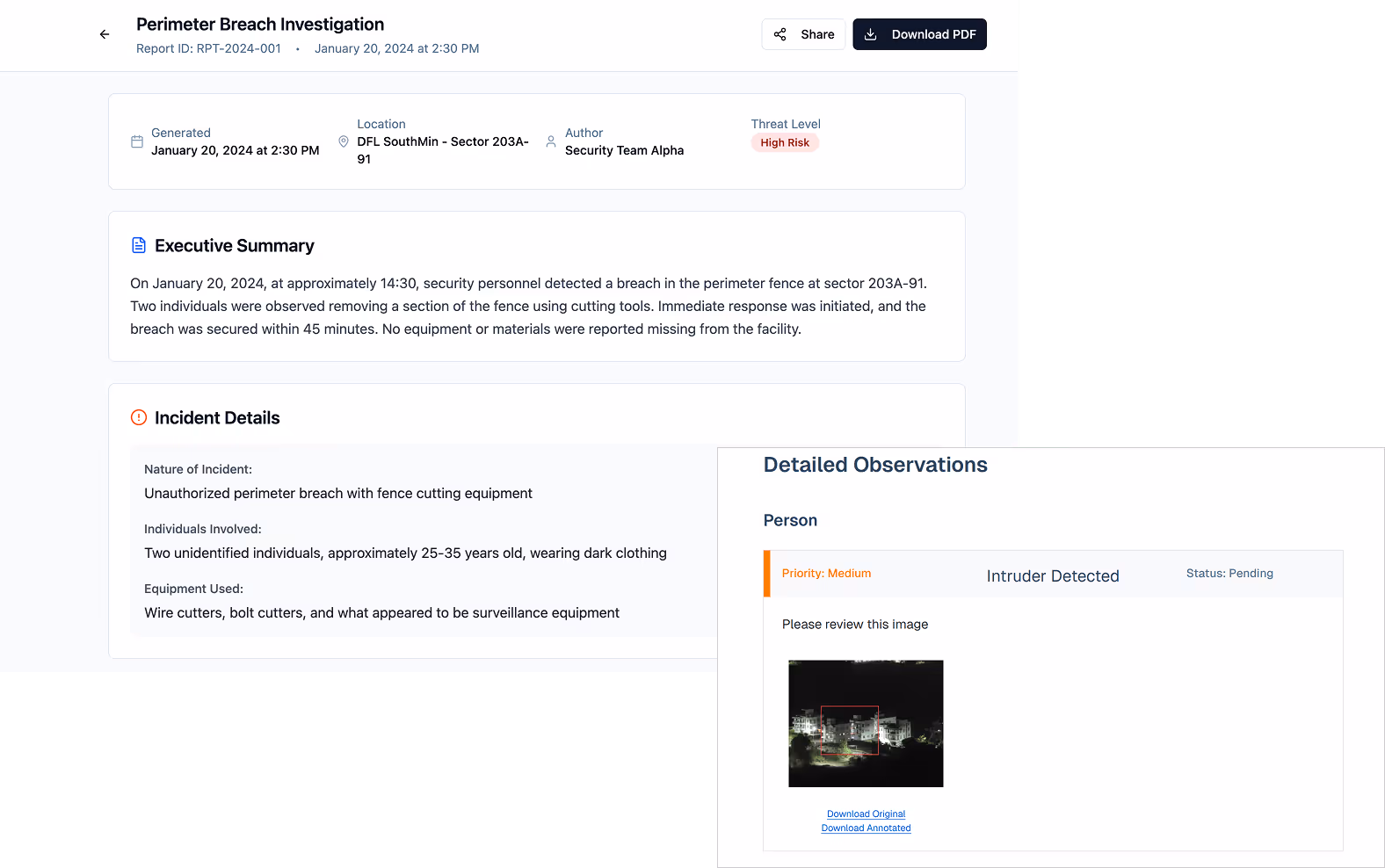 Incident log table with timestamps, tags, and structured report rows
