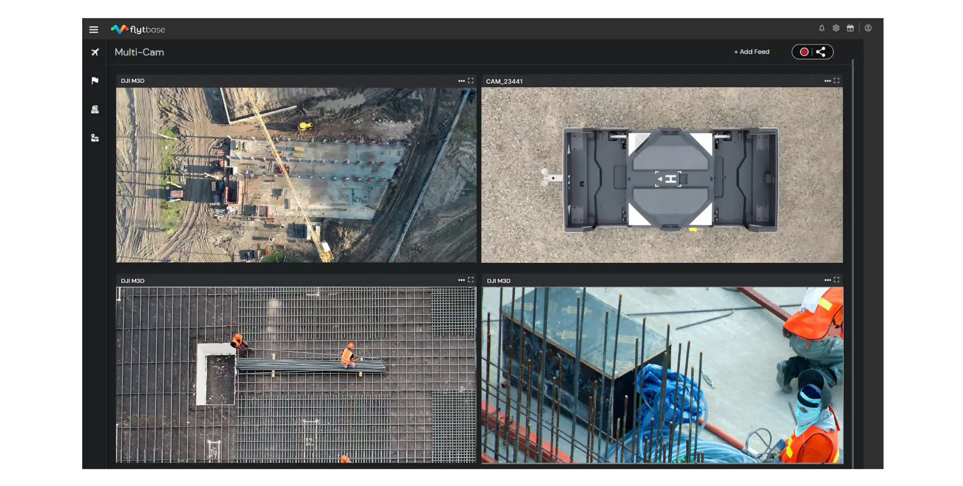FlytBase Multi-Cam interface monitoring construction-site progress with workers and landing pad