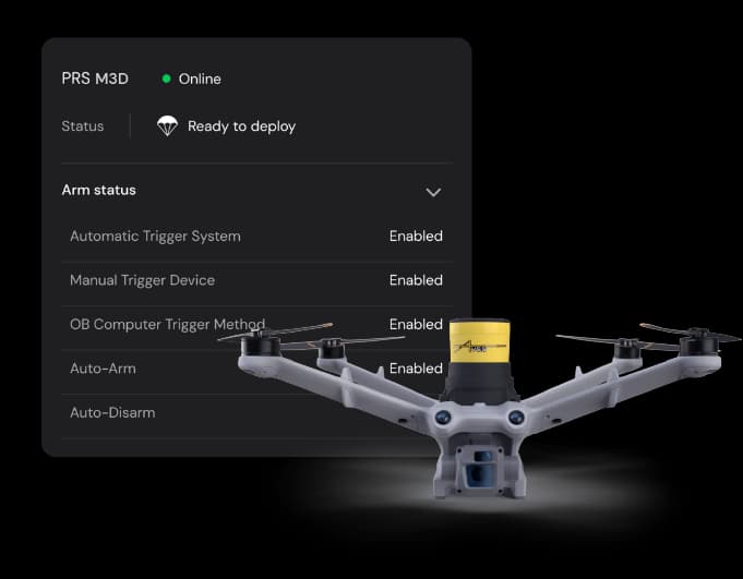 Dron con sistema de recuperación de paracaídas que muestra el estado en línea del PRS M3D