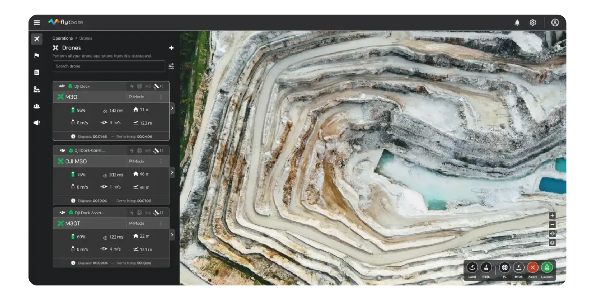 Drone operation dashboard showing battery, speed, and altitude for three M30 drones over a quarry