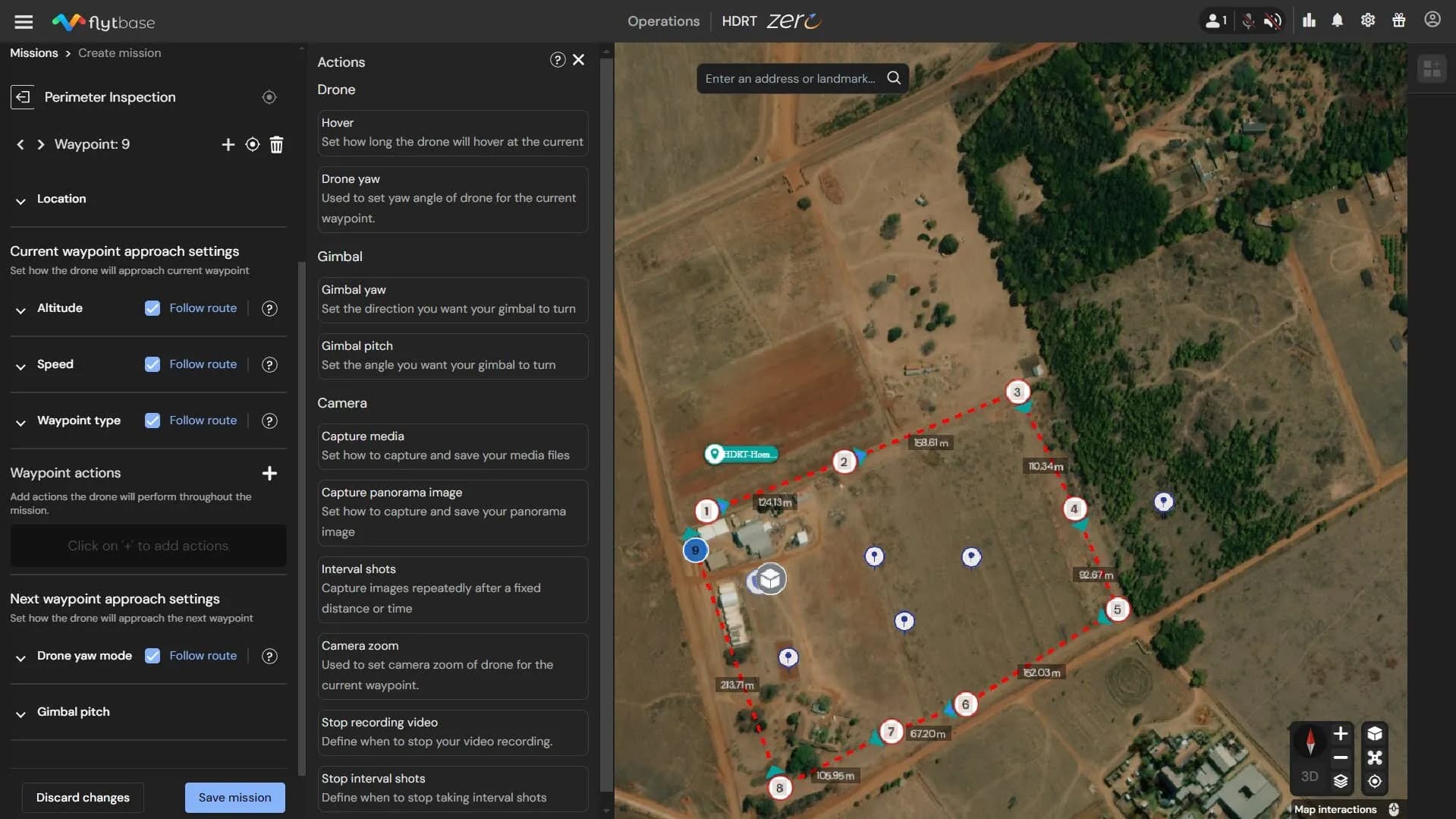 Interfaz de planificación de misiones con drones que muestra una ruta de inspección perimetral con nueve puntos de referencia.