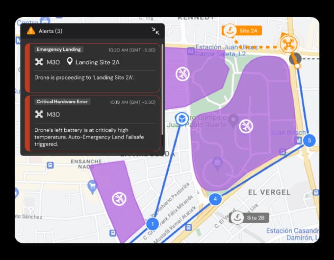 Map showing a drone flight path with an emergency landing alert at Site 2A