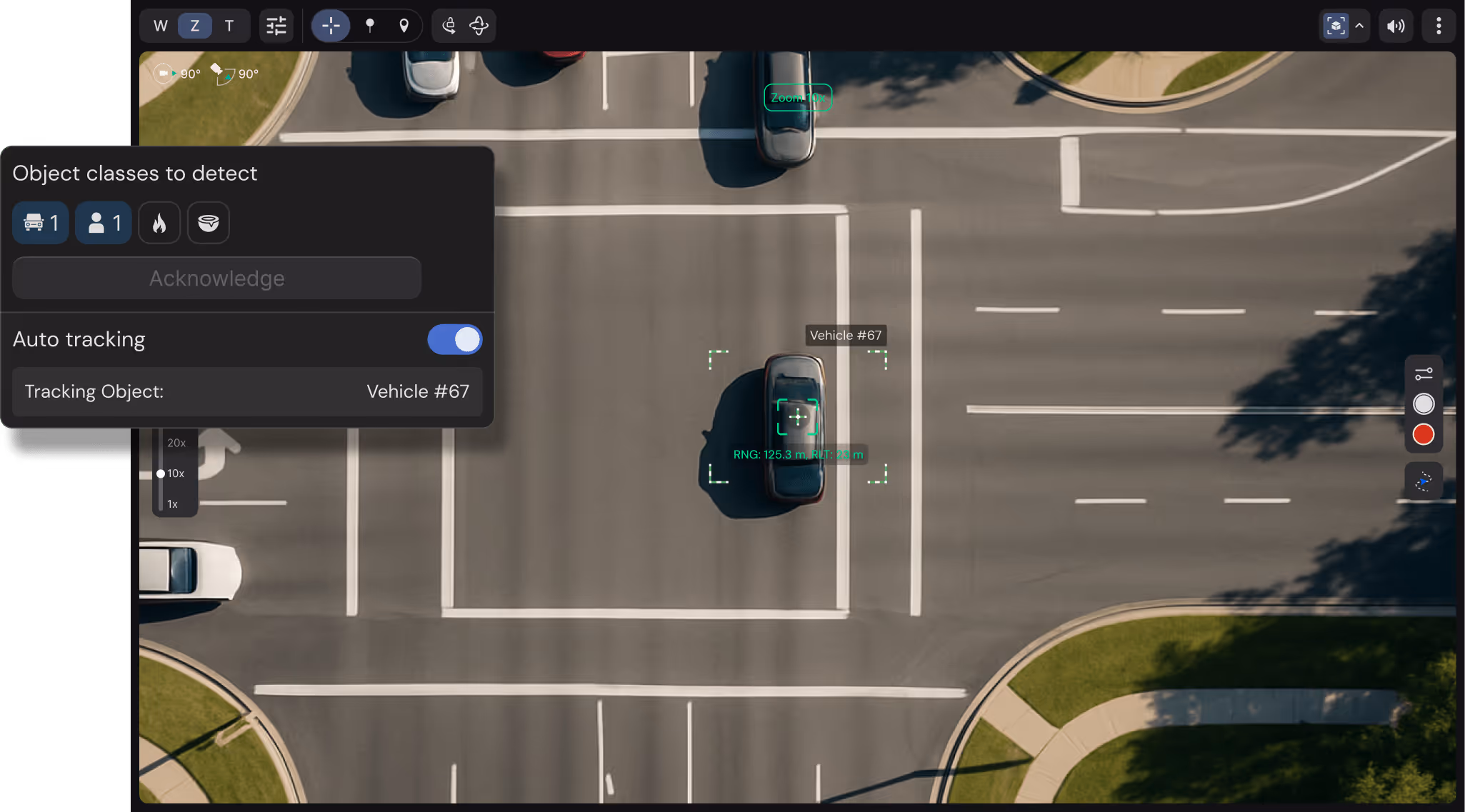 Live drone video feed with on-screen object detection overlays