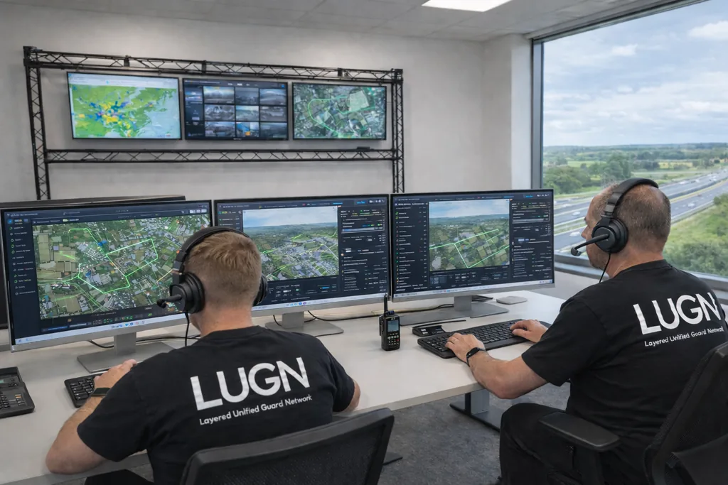 Certified remote pilot from the LUGN field operation, in branded uniform with a drone in hand.